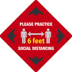 TEXWALK, PLEASE PRACTICE SOCIAL DISTANCING 6 FT, RED, 11.75x11.75, REMOVABLE ADHESIVE BACKED, SLIP-RESISTANT FLOOR SIGN