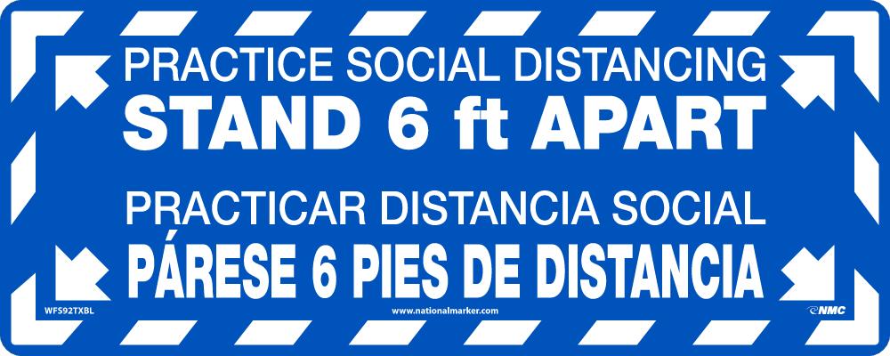 TEXWALK, PRACTICE SOCIAL DISTANCING STAND 6FT APART, FLOOR SIGN, BLUE, REMOVABLE ADHESIVE BACKED, SLIP-RESISTANT FLOOR SIGN MATERIAL, 7.63 X 19.63, ENGLISH/SPANISH