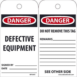 TAGS, DANGER, DEFECTIVE EQUIPMENT, 6X3, SYNTHETIC PAPER, 25/PK (HOLE)