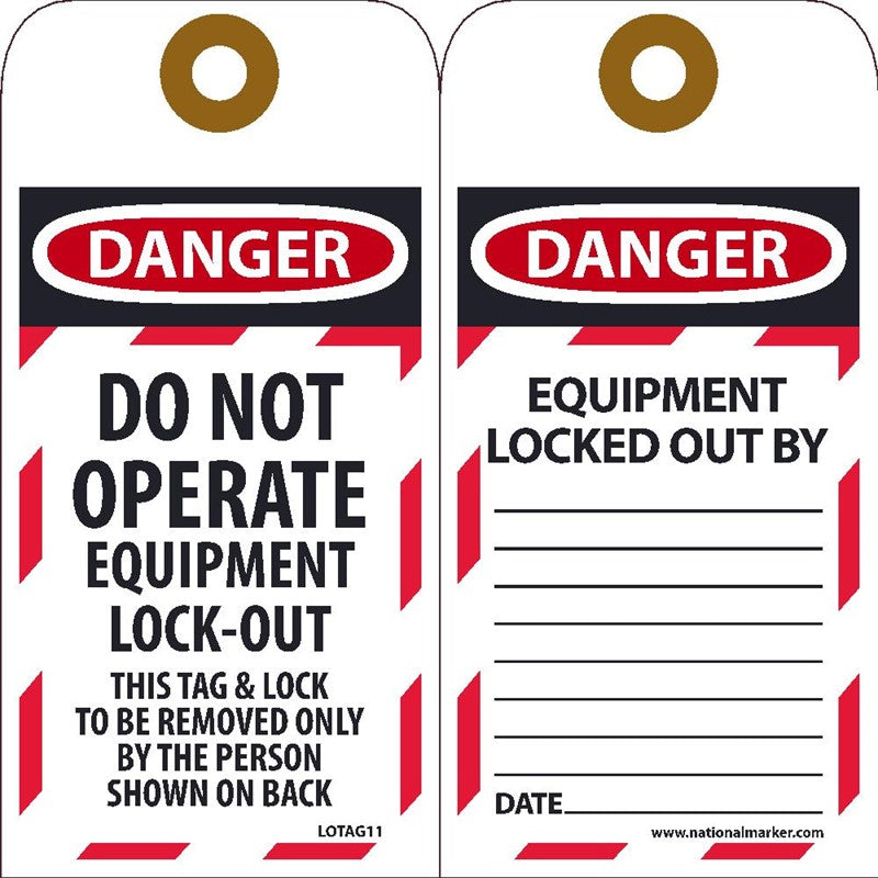 TAGS, LOCKOUT, DO NOT OPERATE EQUIPMENT LOCKED OUT, 6X3, UNRIP VINYL, 25/PK     GROMMET