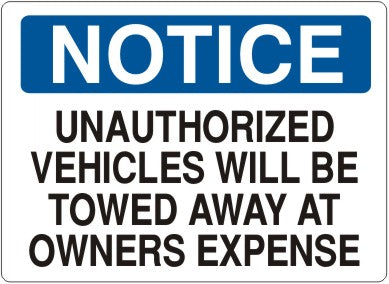 Notice Unauthorized Vehicles Will Be Towed Away At Owners Expense Signs | N-8605