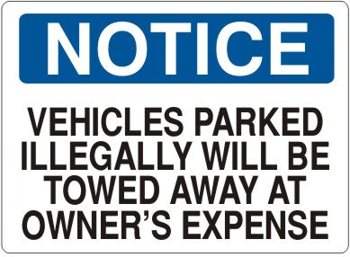 Notice Vehicles Parked Illegally Will Be Towed Away At Owner's Expense Signs | N-8703