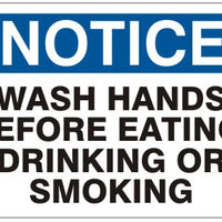 Notice Wash Hands Before Eating Drinking Or Smoking Signs | N-9201