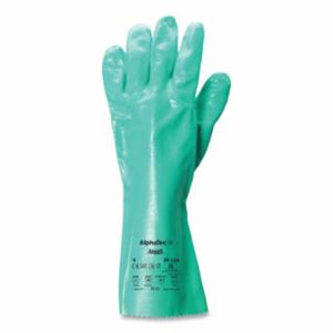 39-124 14 in Reinforced Nitrile Gloves, Gauntlet Cuff, Interlock Knit Cotton Liner, Size 9, Green