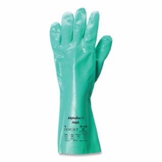 39-124 14 in Reinforced Nitrile Gloves, Gauntlet Cuff, Interlock Knit Cotton Liner, Size 10, Green