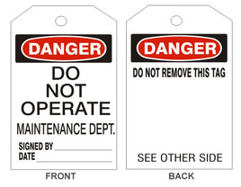 Danger Do Not Operate Maintenance Dept Tags - Back 1