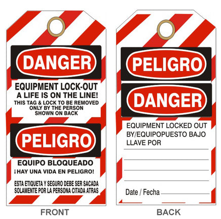Danger Equipment Lockout A Life Is On The Line! Peligro Tags