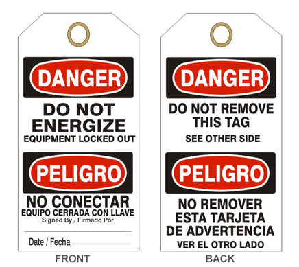 Danger Do Not Energize Equipment Locked Out Tags