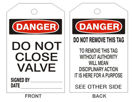 Danger Do Not Close Valve Tags - Back 2