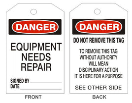 Danger Equipment Needs Repair Tags - Back 2
