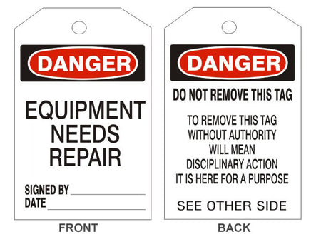 Danger Equipment Needs Repair Tags - Back 2