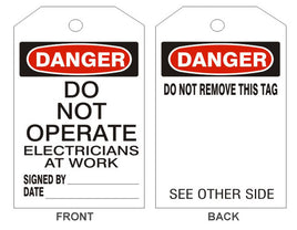 Danger Do Not Operate Electricians Tags - Back 1