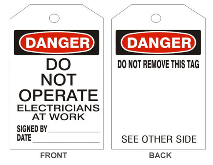 Danger Do Not Operate Electricians Tags - Back 1