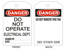 Danger Do Not Operate Electrical Dept Tags - Back 1