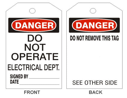 Danger Do Not Operate Electrical Dept Tags - Back 1