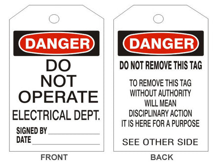 Danger Do Not Operate Electrical Dept Tags - Back 2