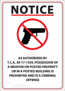 Concealed Carry Sign, Tennessee, 14Hx10W
