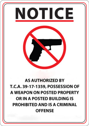 Concealed Carry Sign, Tennessee, 14Hx10W