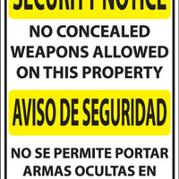 Security No Weapons Sign, Bilingual, 14x10