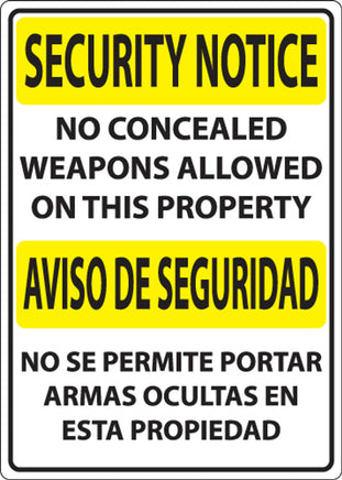 Security No Weapons Sign, Bilingual, 14x10