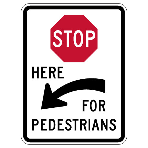 R1-5cL- Stop Here Left Arrow For Pedestrians Signs