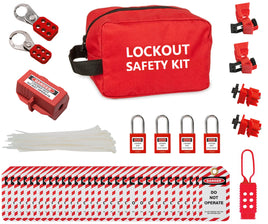 Lockout safety kit with red bag, locks, and other components on a white background