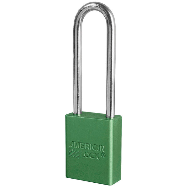 Green Anodized Aluminum Safety Padlock, 1-1/2in (38mm) Wide with 3in (76mm) Tall Shackle