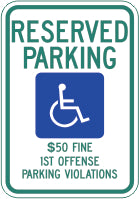 Reserved Parking $50 Fine - HDCP Symbol  - 18x12 - .080 HIP Aluminum
