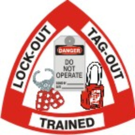 Lockout Tag-Out Trained With Picto Of Hasp  Tag & Lock - Helmet / Hard Hat Markers