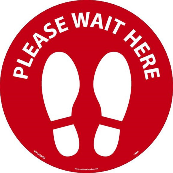 WALK ON - SMOOTH, PLEASE WAIT HERE FOOTPRINT, RED ON WHITE, FLOOR SIGN, 8 X 8,NON-SKID SMOOTH ADHESIVE BACKED VINYL, PK10
