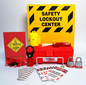 ELECTRICAL LOCKOUT CENTER, COMPLETE YELLOW BOARD, WIRE BASKET, TOOL BOX AND CONTENTS, 16 X 14