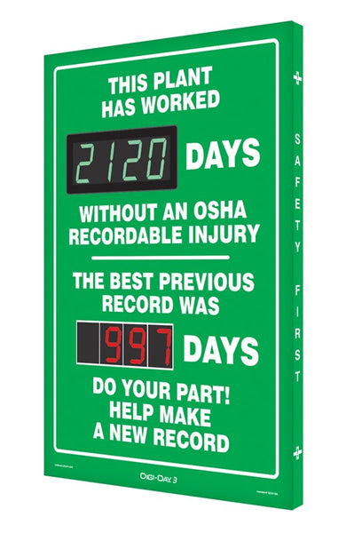 Digi-Day® 3 Electronic Safety Scoreboards: This Plant Has Worked ____ Days Without An OSHA Recordable Injury - The Best Previous Record Was ____ Days