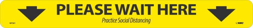 WALK ON - SMOOTH, PLEASE WAIT HERE SHOPPING ARROW, BLACK ON YELLOW, FLOOR SIGN, 2.25 X 20, NON-SKID SMOOTH ADHESIVE BACKED VINYL,