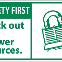 SAFETY FIRST, LOCKOUT ALL POWER SOURCES (GRAPHIC), 3X5, PS VINYL, 5/PK