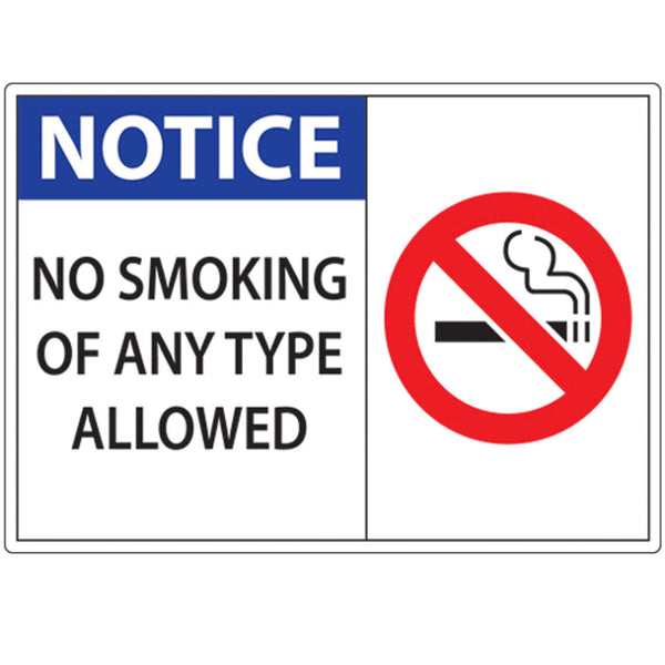 Notice No Smoking Of Any Type Allowed With Graphic Eco No Smoking Signs Available In Different Sizes and Materials