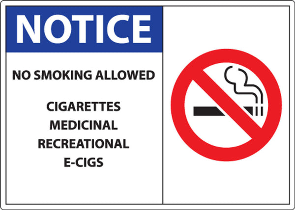 Notice No Smoking Allowed Cigarettes Medical Recreational E-Cigs With Graphic Eco No Smoking Signs Available In Different Sizes and Materials