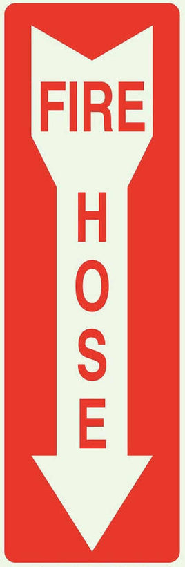 Fire Hose Down Arrow Red On White Eco Fire and Exit Safety Signs Available In Different Materials