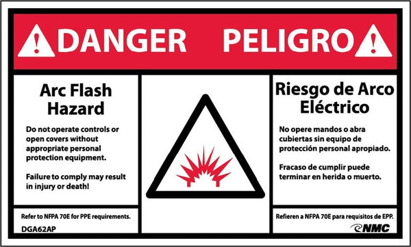 DANGER, ARC FLASH AND SHOCK HAZARD, BILINGUAL, (GRAPHIC), 3X5, PS VINYL, 5/PK
