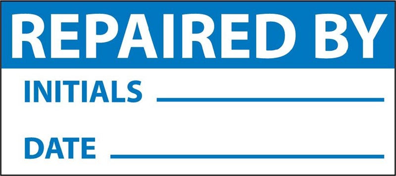 INSPECTION LABEL, REPAIRED BY, BLUE/WHT, 1X2 1/4, PS VINYL (27 LABELS)