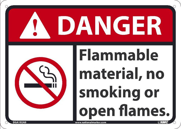 DANGER FLAMMABLE MATERIAL NO SMOKING OR OPEN FLAMES SIGN, 10X14, .040 ALUM