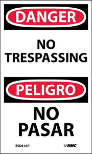 Danger No  Trespassing English/Spanish 5"x3" Vinyl | ESD81AP