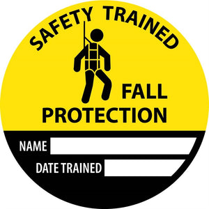 HARD HAT EMBLEM, SAFETY TRAINED FALL PROTECTION NAME DATE TRAINED, 2" DIA, PS VINYL