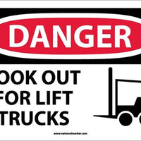 DANGER, LOOK OUT FOR LIFT TRUCKS, GRAPHIC, 10X14, .040 ALUM