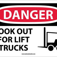 DANGER, LOOK OUT FOR LIFT TRUCKS, GRAPHIC, 10X14, PS VINYL