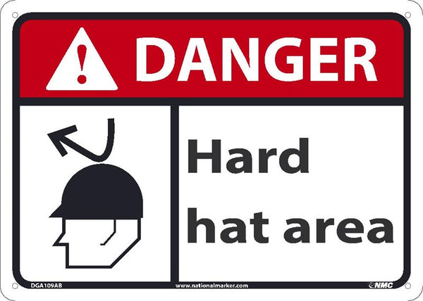 DANGER HARD HAT AREA SIGN, 10X14, .040 ALUM