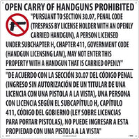 TEXAS OPEN CARRY HANDGUN PROHIBITED SIGN,  30 X 30, ALUMINUM COMPOSITE PANEL (ACP.125)