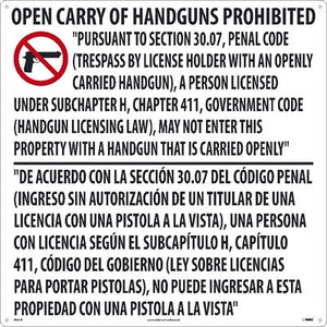 TEXAS OPEN CARRY HANDGUN PROHIBITED SIGN,  30 X 30, ALUMINUM COMPOSITE PANEL (ACP.125)