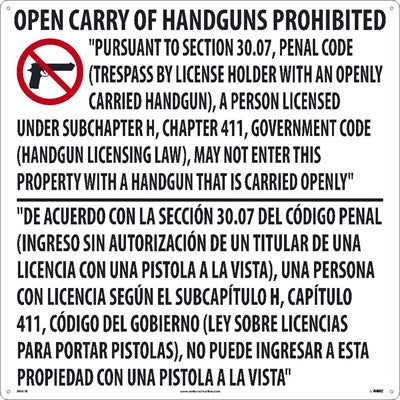 TEXAS OPEN CARRY HANDGUN PROHIBITED SIGN,  30 X 30, ALUMINUM COMPOSITE PANEL (ACP.125)