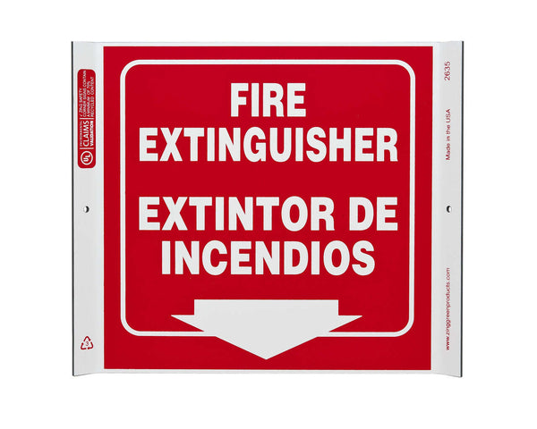 Fire Extinguisher Down Arrow Bilingual With Graphic Eco Safety Corner Sign | 2635