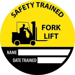 HARD HAT EMBLEM, SAFETY TRAINED FORK LIFT NAME DATE TRAINED, 2" DIA, PS VINYL